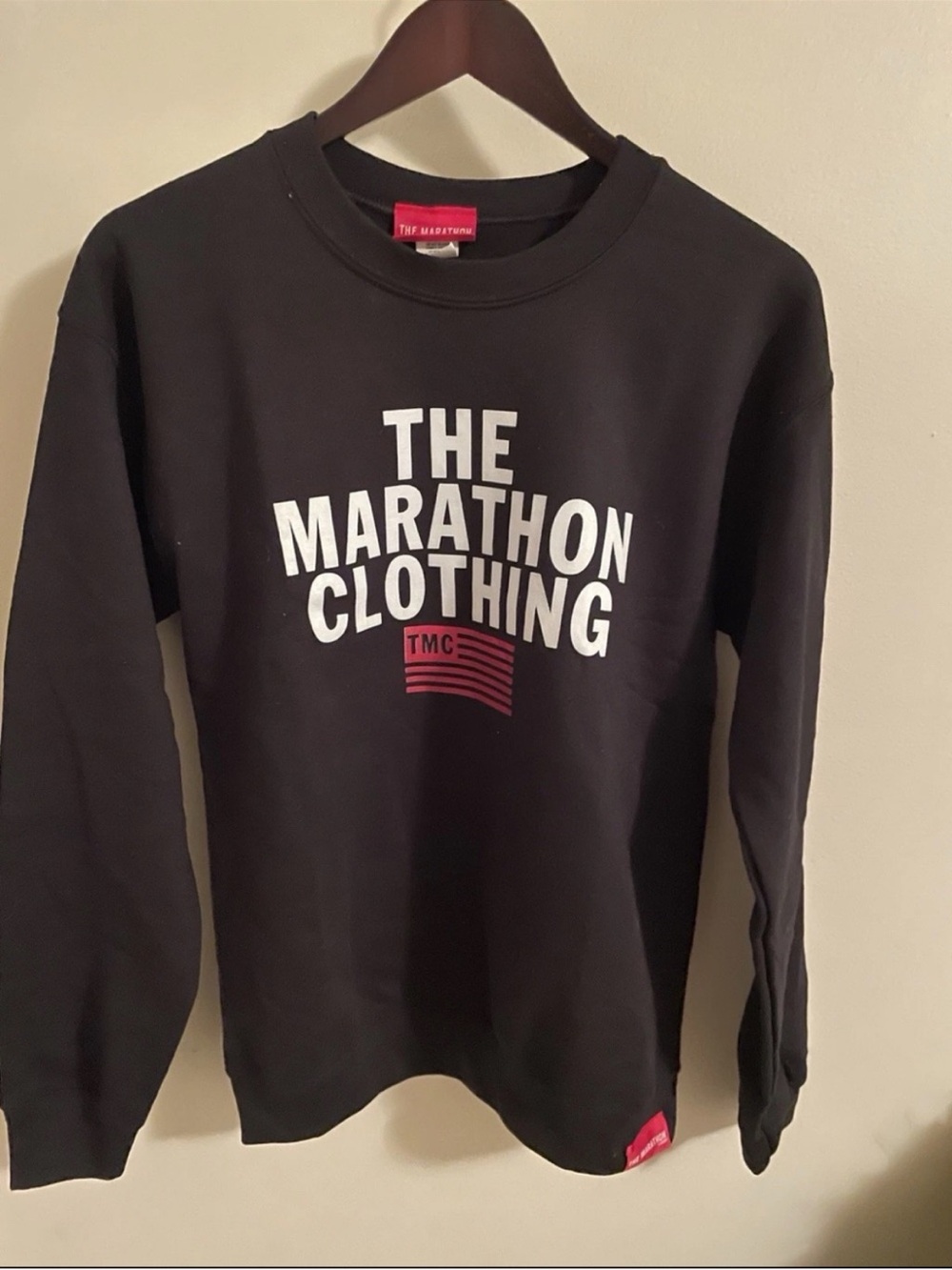 The Marathon Clothing Black Crewneck with White Logo and Red Accent